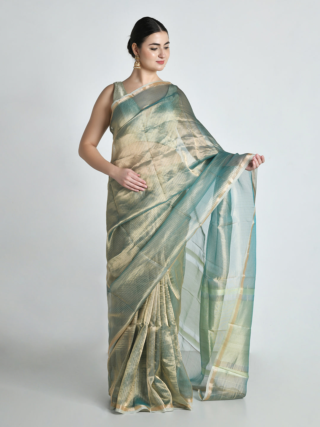 Os Mint Gold Tissue Saree – studio shot 3