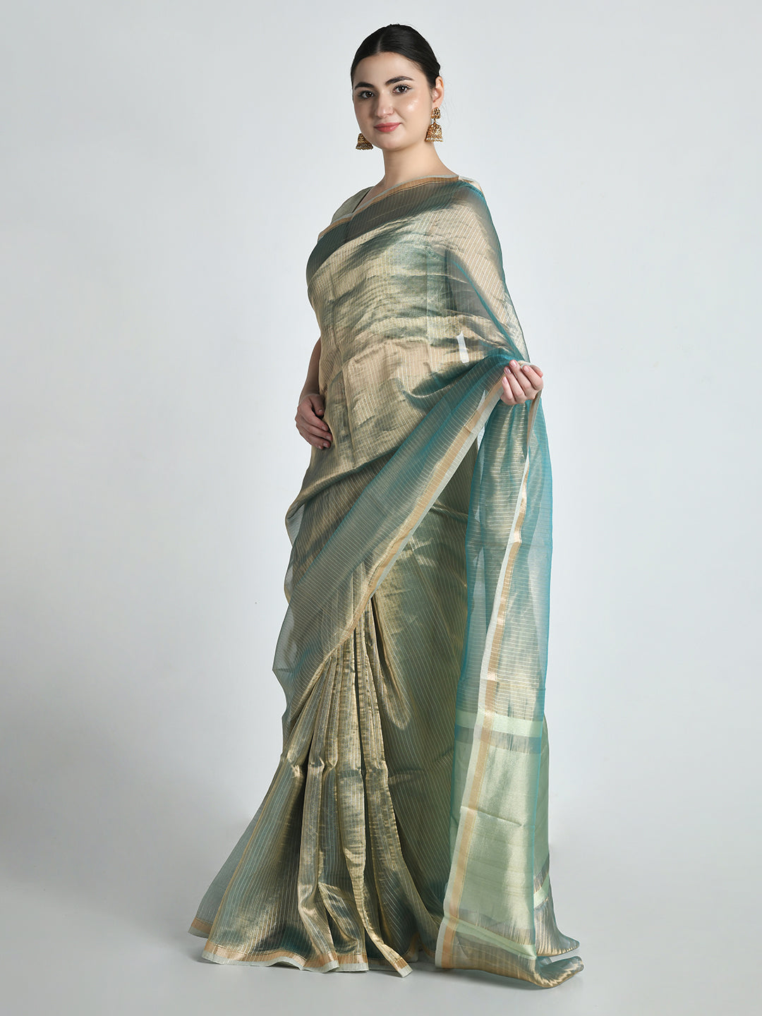 Os Mint Gold Tissue Saree – studio shot 4