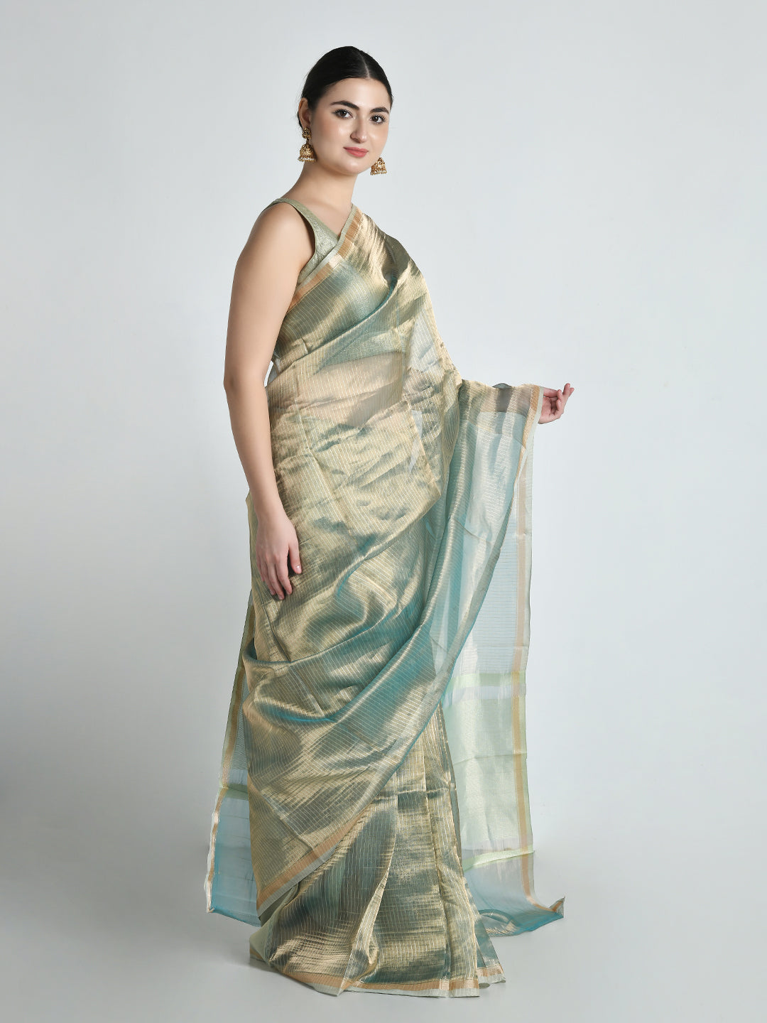 Os Mint Gold Tissue Saree – studio shot 6