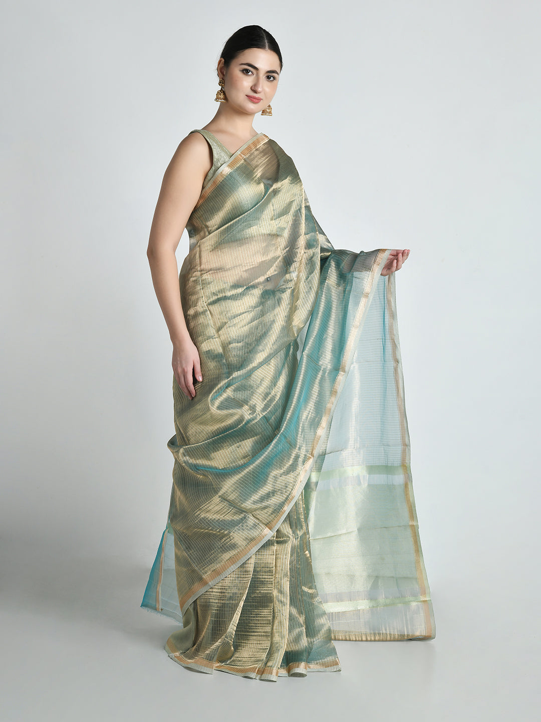 Os Mint Gold Tissue Saree – studio shot 8