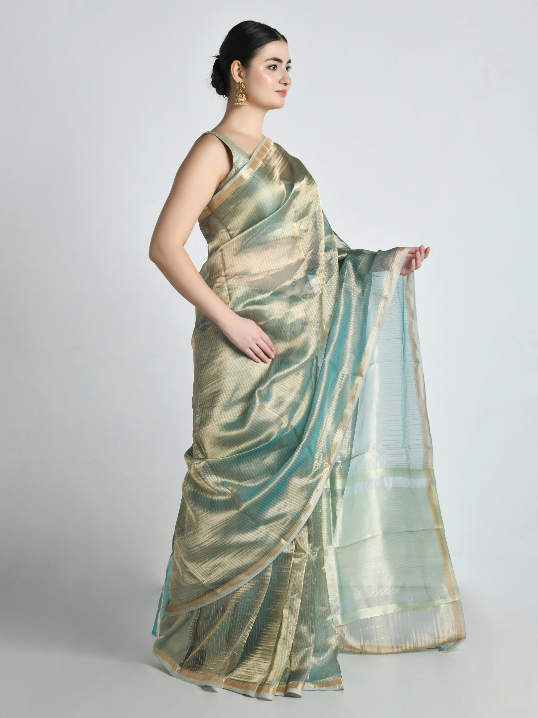Os Mint Gold Tissue Saree – studio shot 9