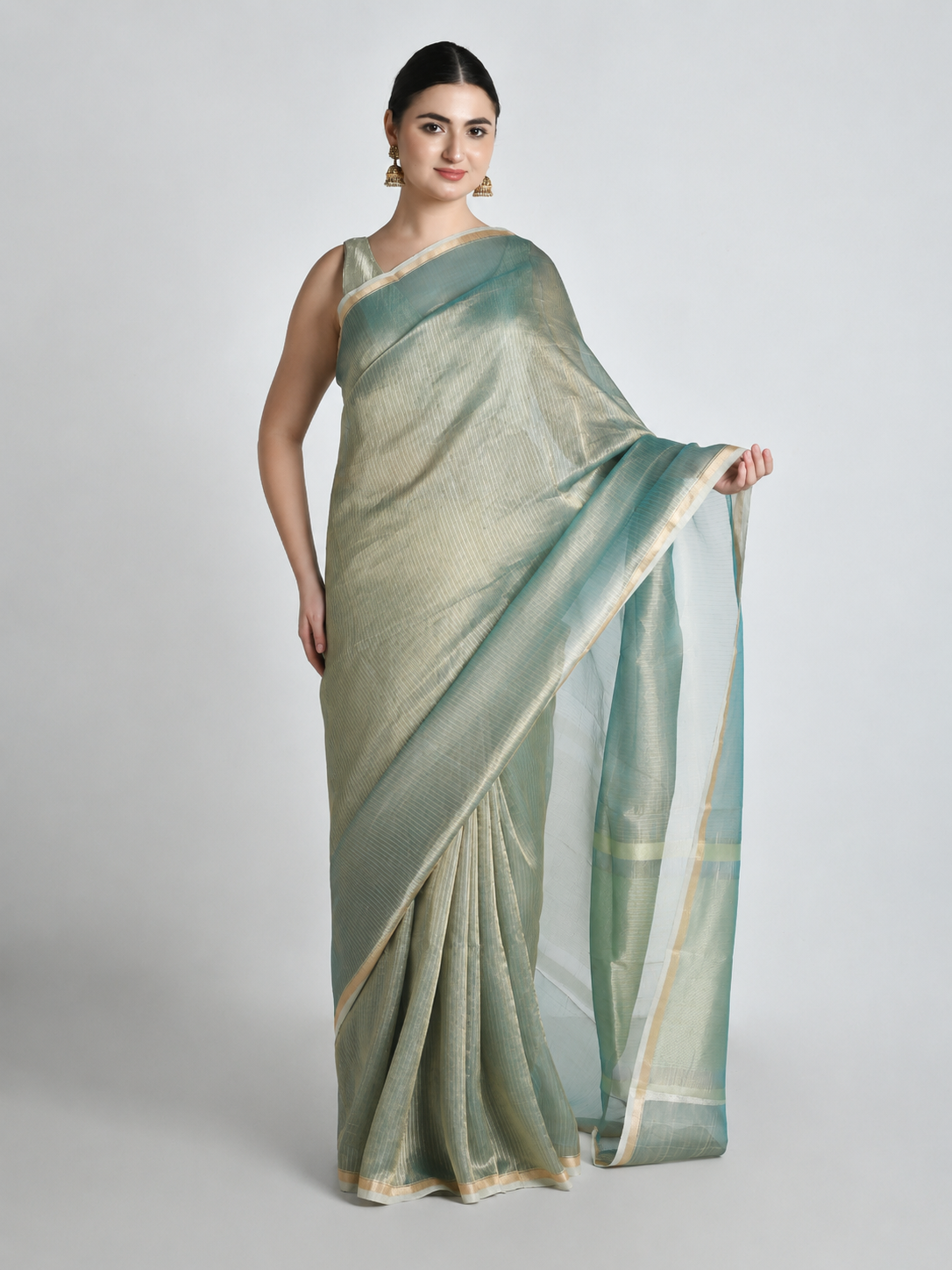 Os Mint Gold Tissue Saree – studio shot 1