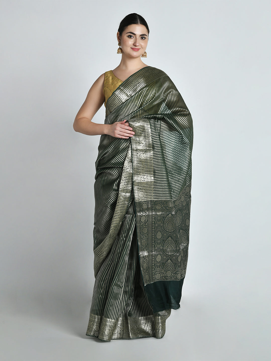 Panna Emerald Green Striped Banarasi Saree – studio shot 2