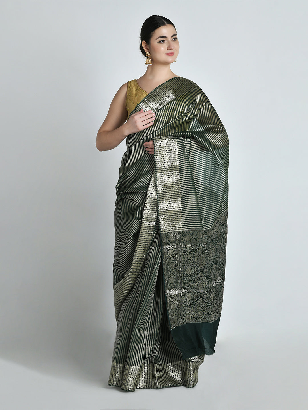 Panna Emerald Green Striped Banarasi Saree – studio shot 3