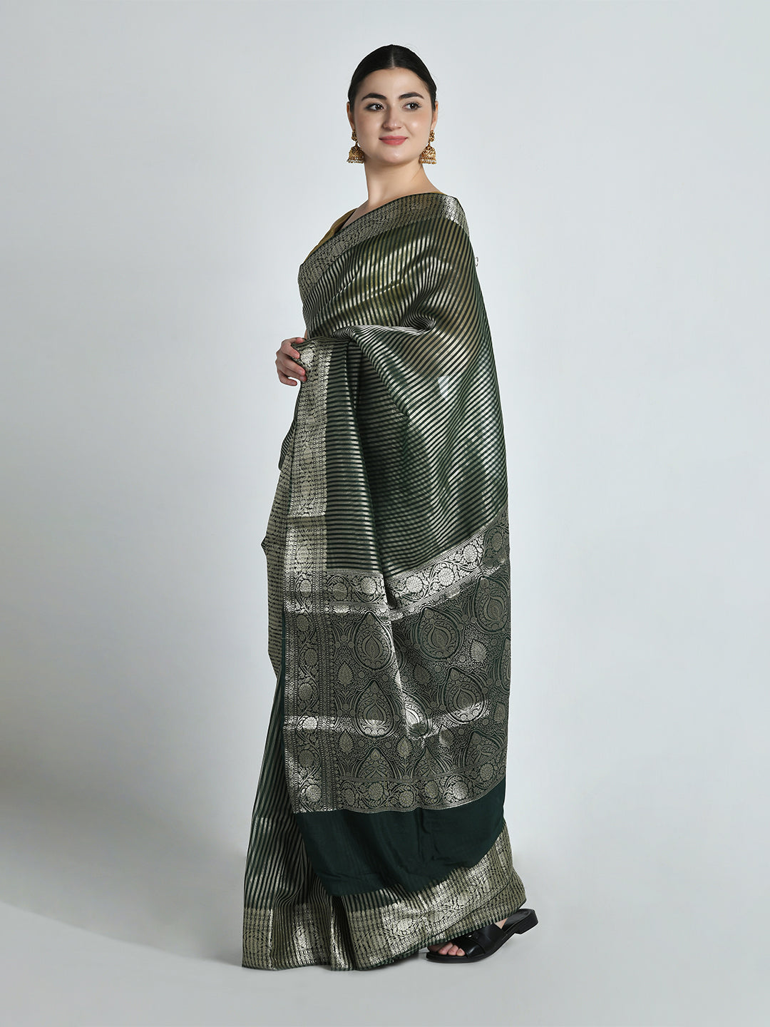 Panna Emerald Green Striped Banarasi Saree – studio shot 5