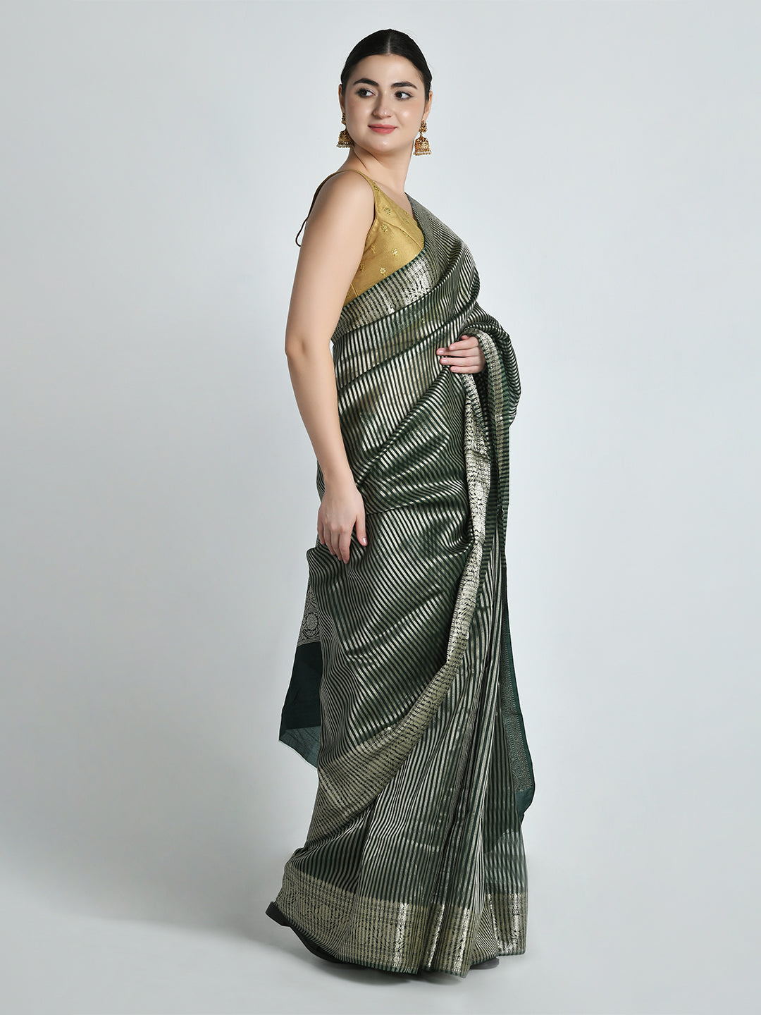 Panna Emerald Green Striped Banarasi Saree – studio shot 7