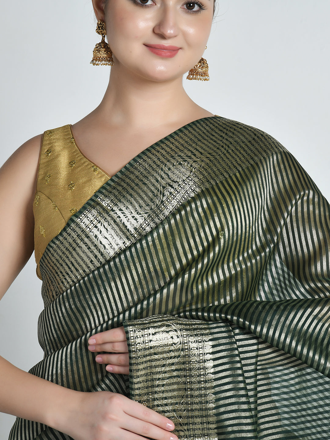 Panna Emerald Green Striped Banarasi Saree – studio shot 9