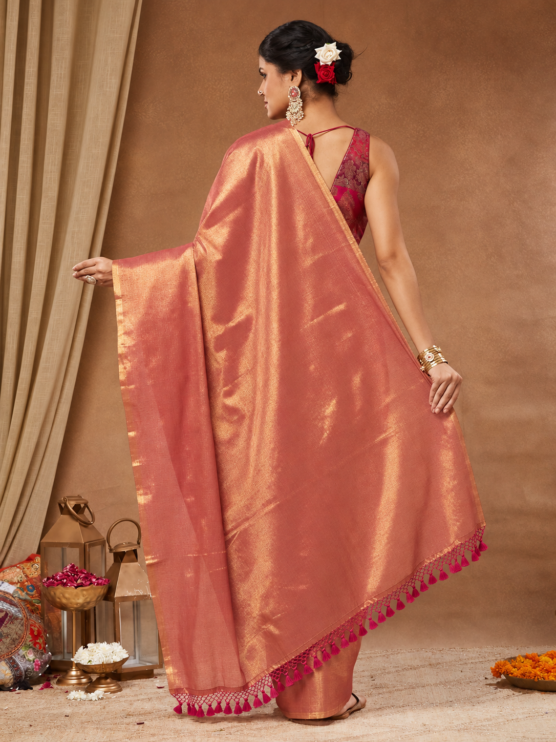 Arunima - Coral Pink Tissue Silk Saree with Tassel Pallu