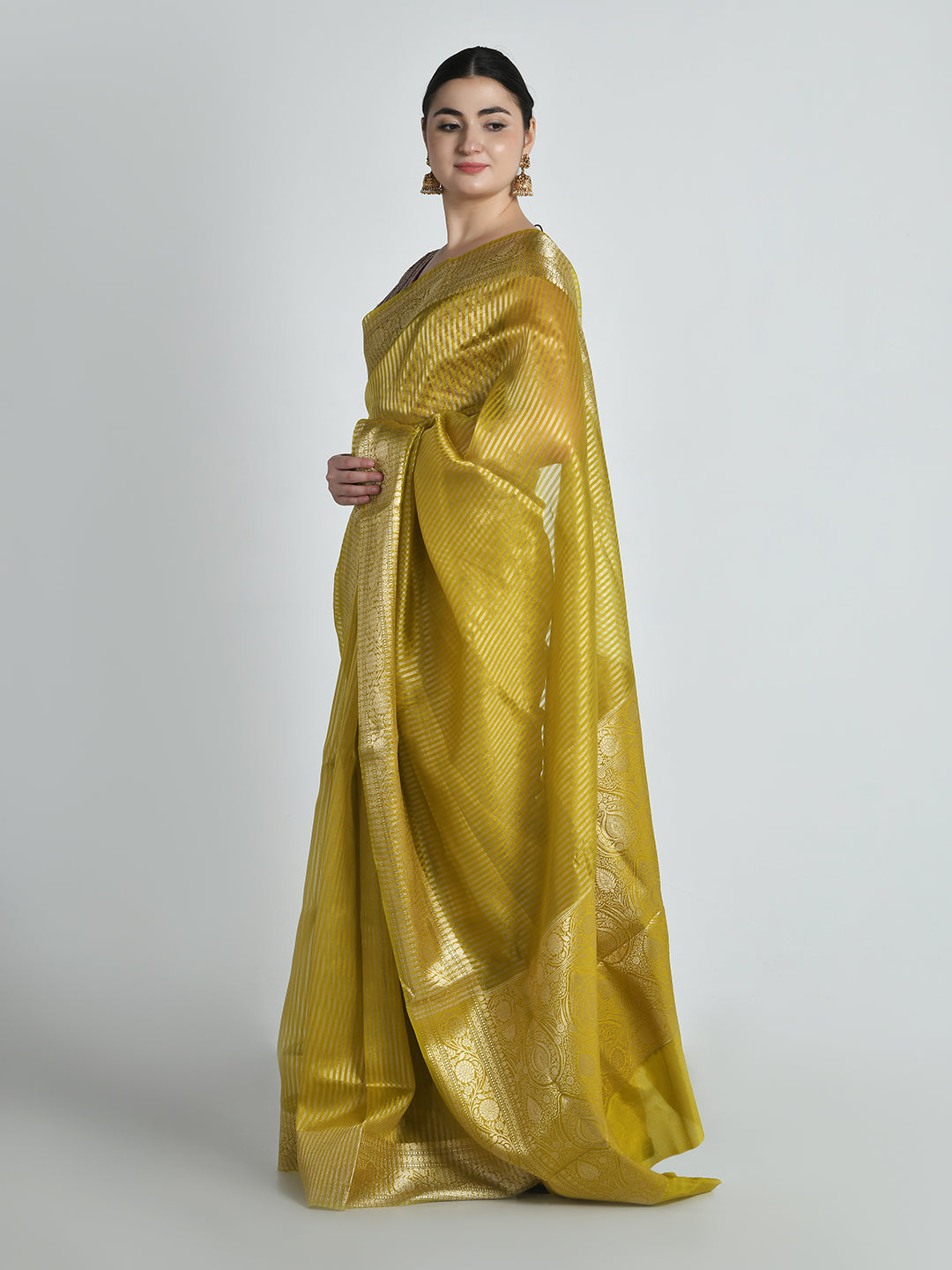 Pitambari Golden Yellow Striped Banarasi Saree – studio shot 3