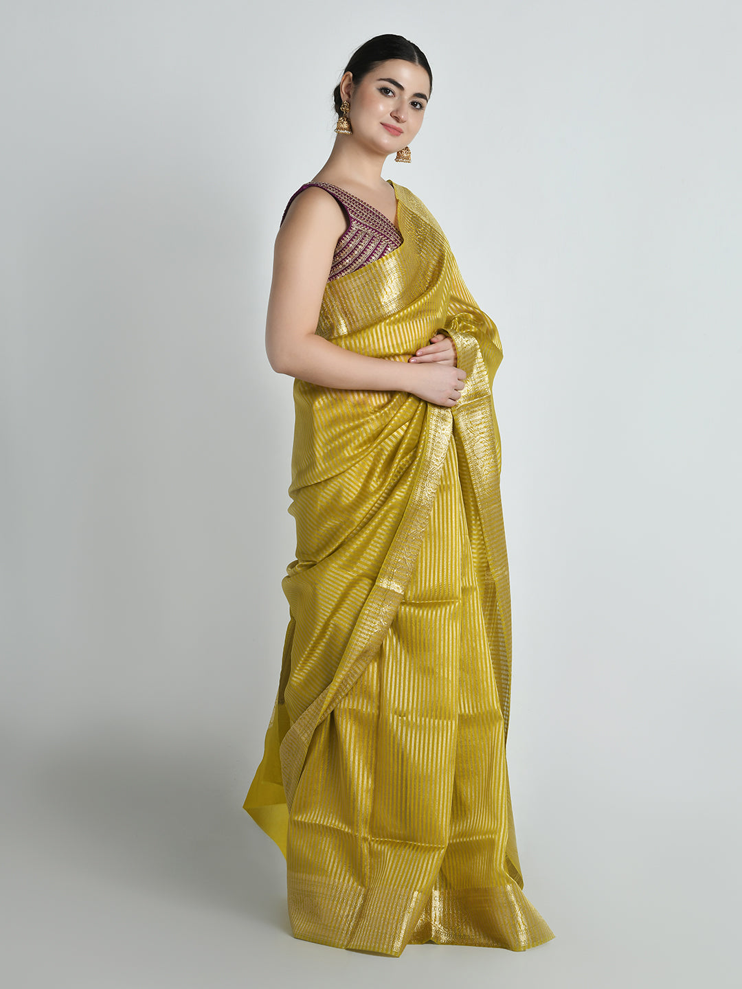 Pitambari Golden Yellow Striped Banarasi Saree – studio shot 4