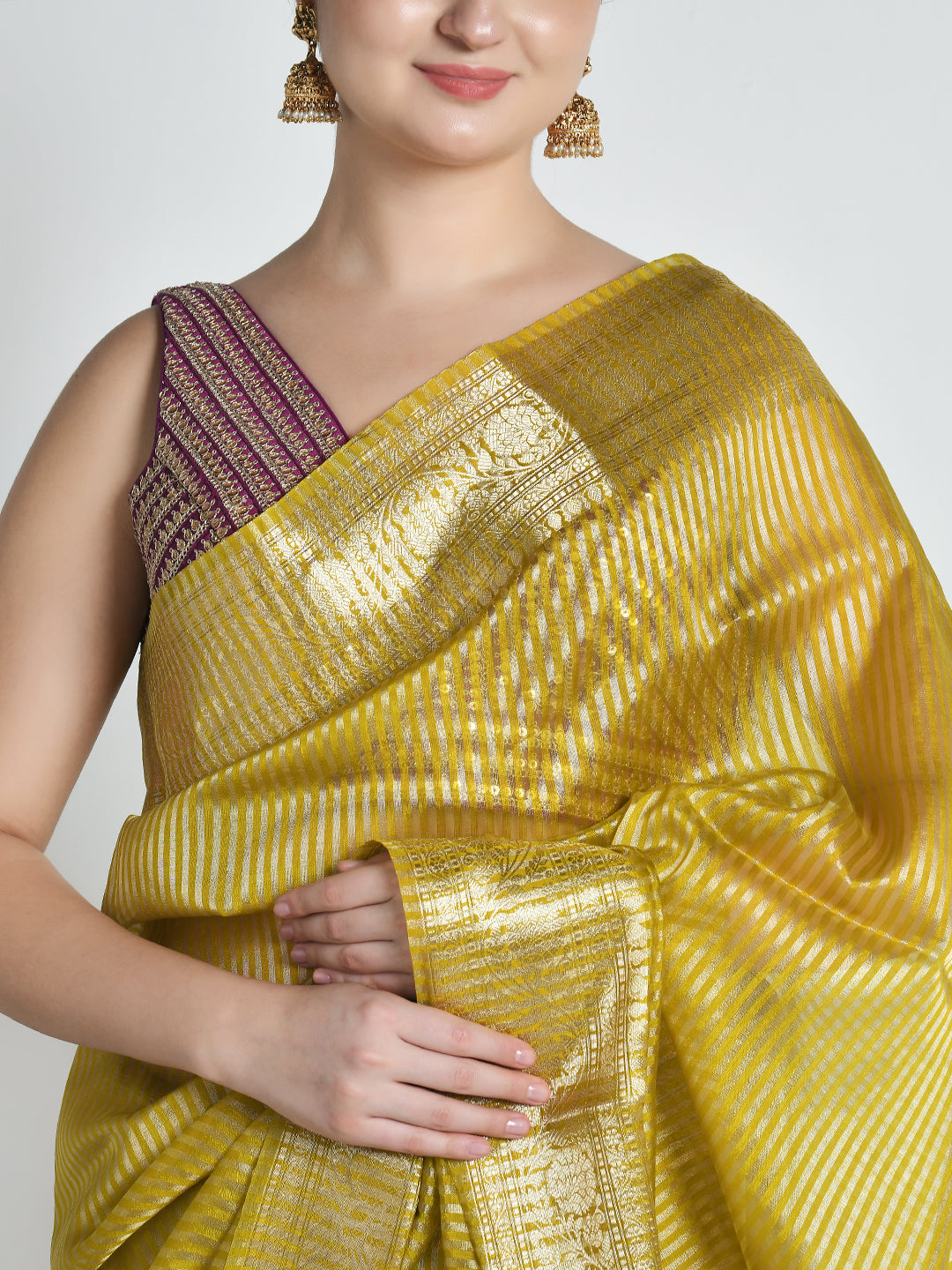 Pitambari Golden Yellow Striped Banarasi Saree – studio shot 7
