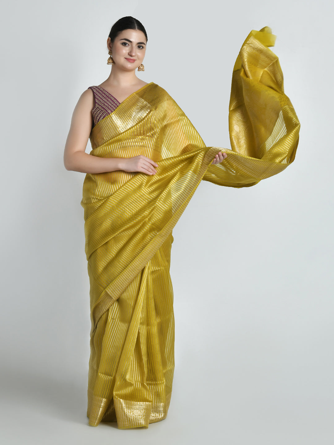 Pitambari Golden Yellow Striped Banarasi Saree – studio shot 9