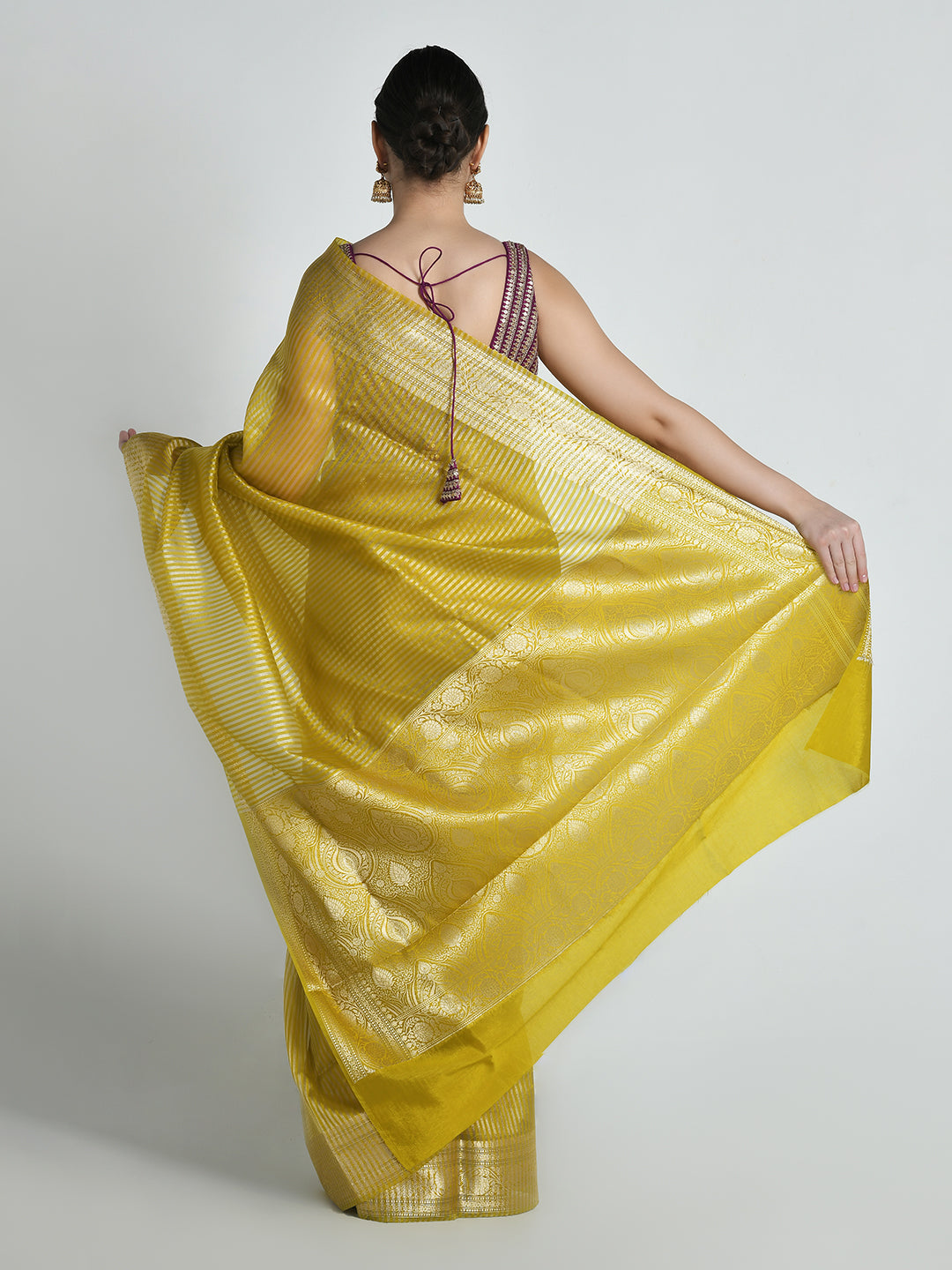 Pitambari Golden Yellow Striped Banarasi Saree – studio shot 10