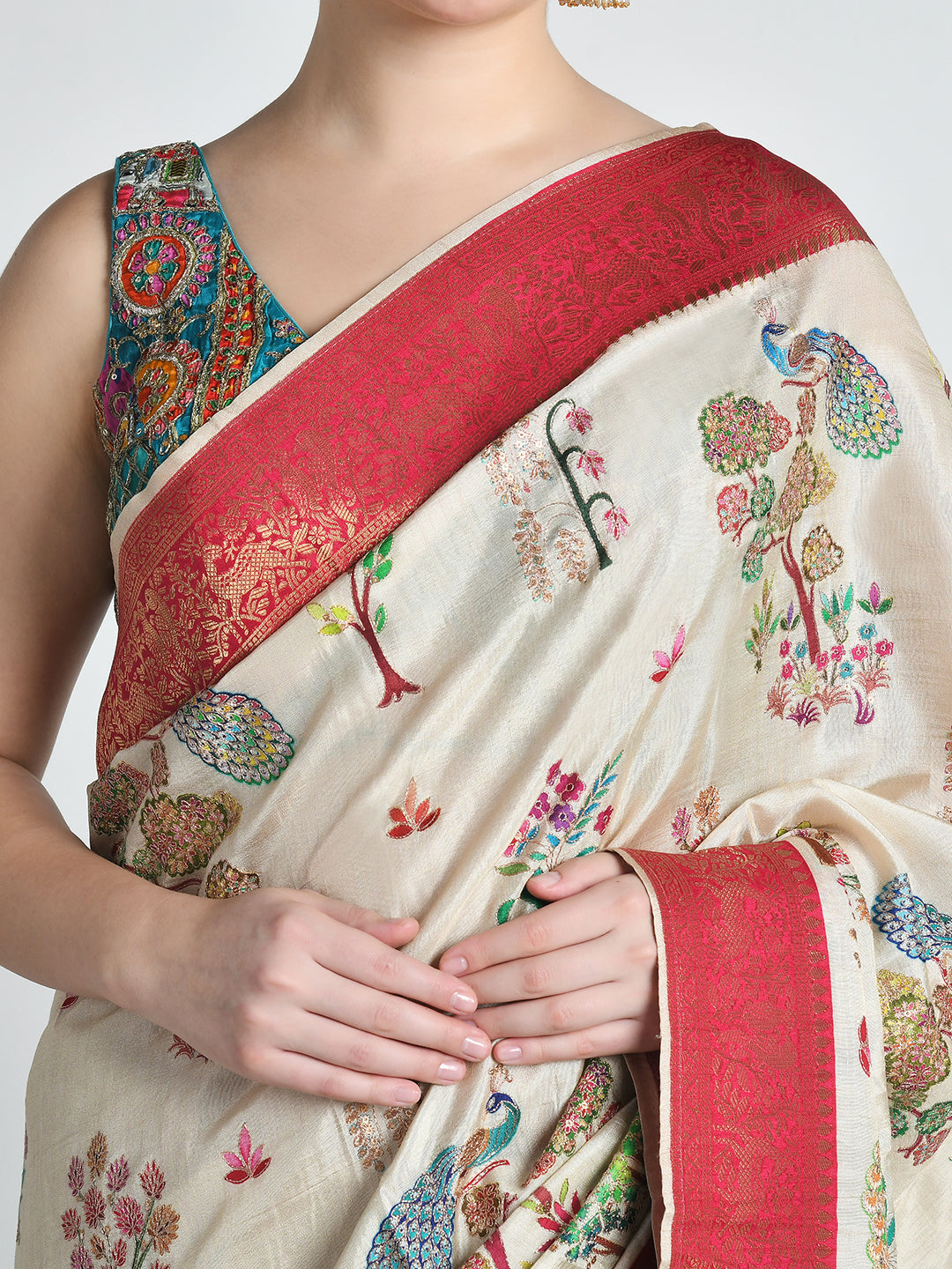 Radha Ivory Kalamkari Silk Saree – studio shot 1