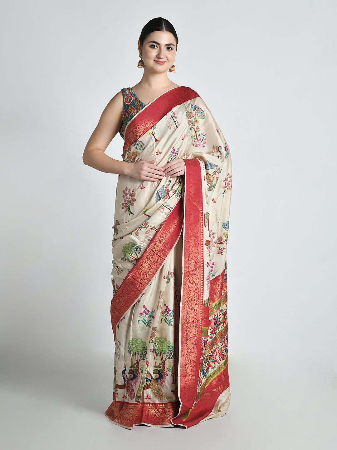Radha Ivory Kalamkari Silk Saree – studio shot 2