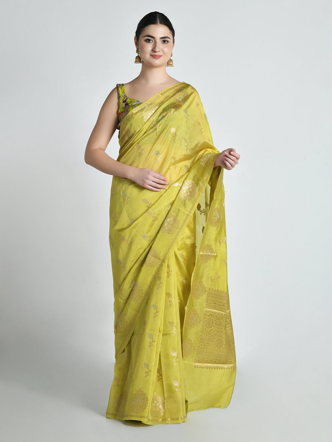 Shailsute Lime Green Banarasi Saree – studio shot 1