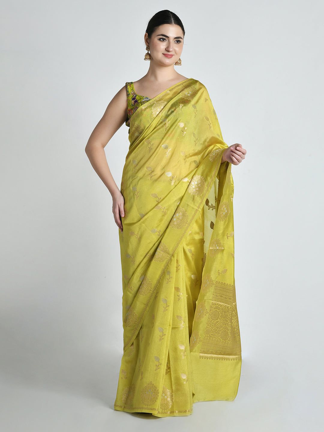 Shailsute Lime Green Banarasi Saree – studio shot 2