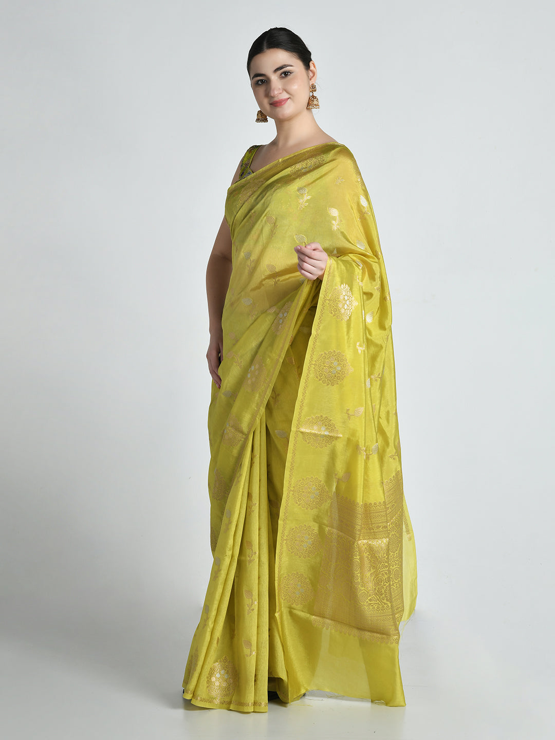 Shailsute Lime Green Banarasi Saree – studio shot 3