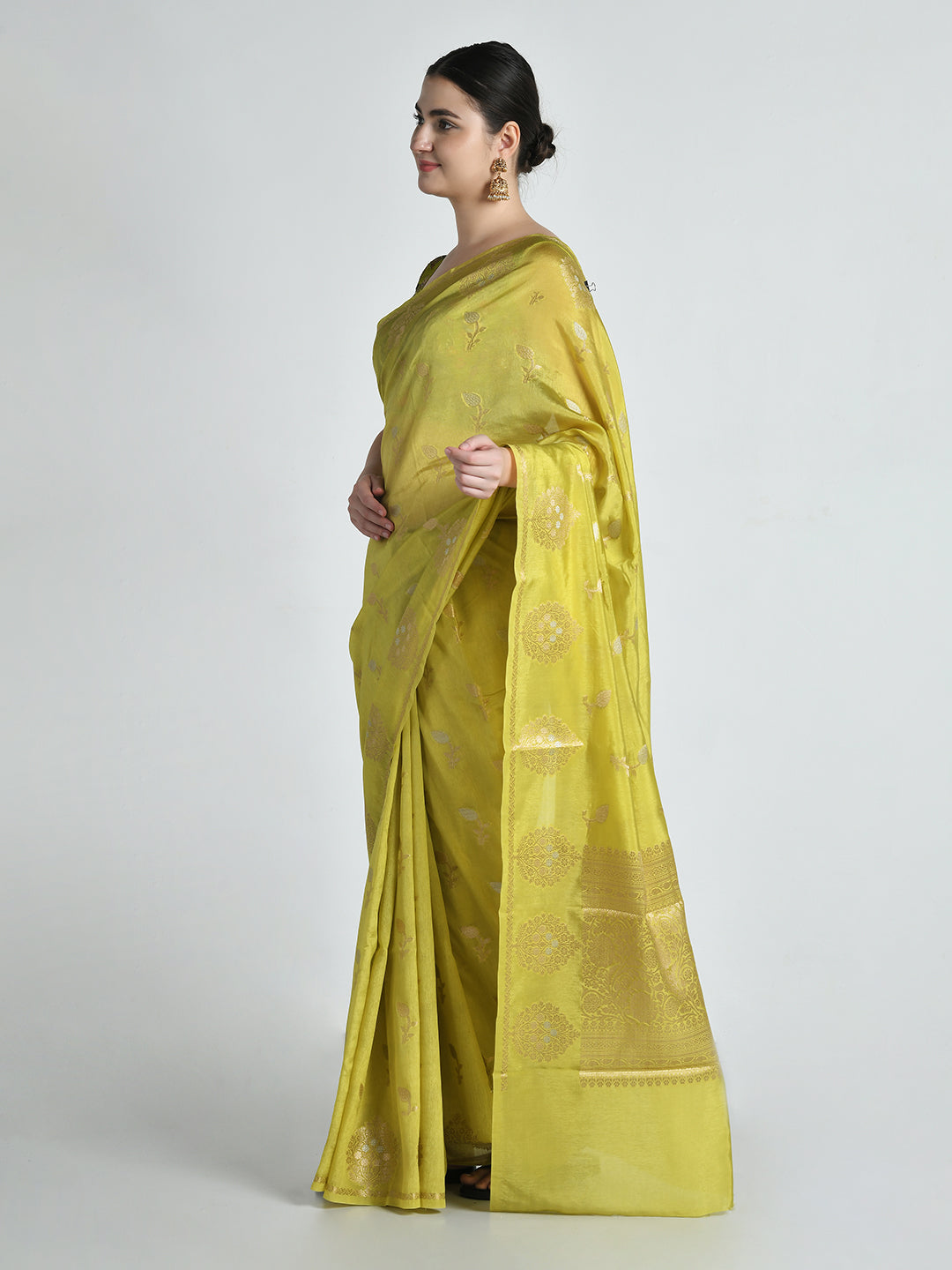 Shailsute Lime Green Banarasi Saree – studio shot 4