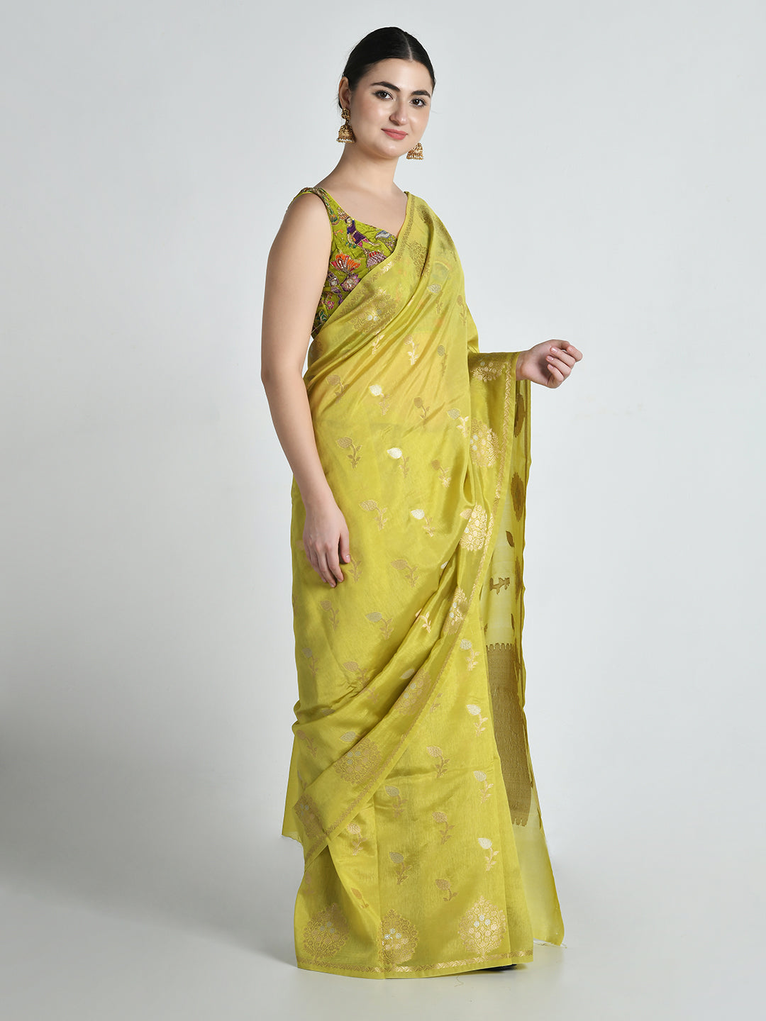 Shailsute Lime Green Banarasi Saree – studio shot 5