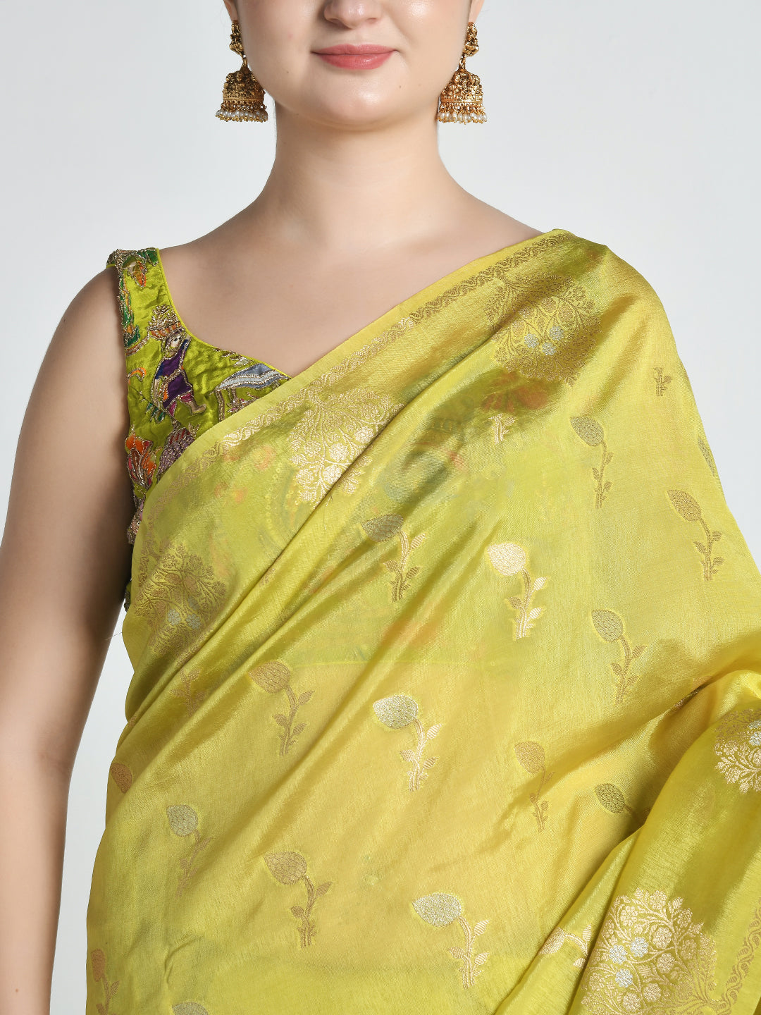 Shailsute Lime Green Banarasi Saree – studio shot 7