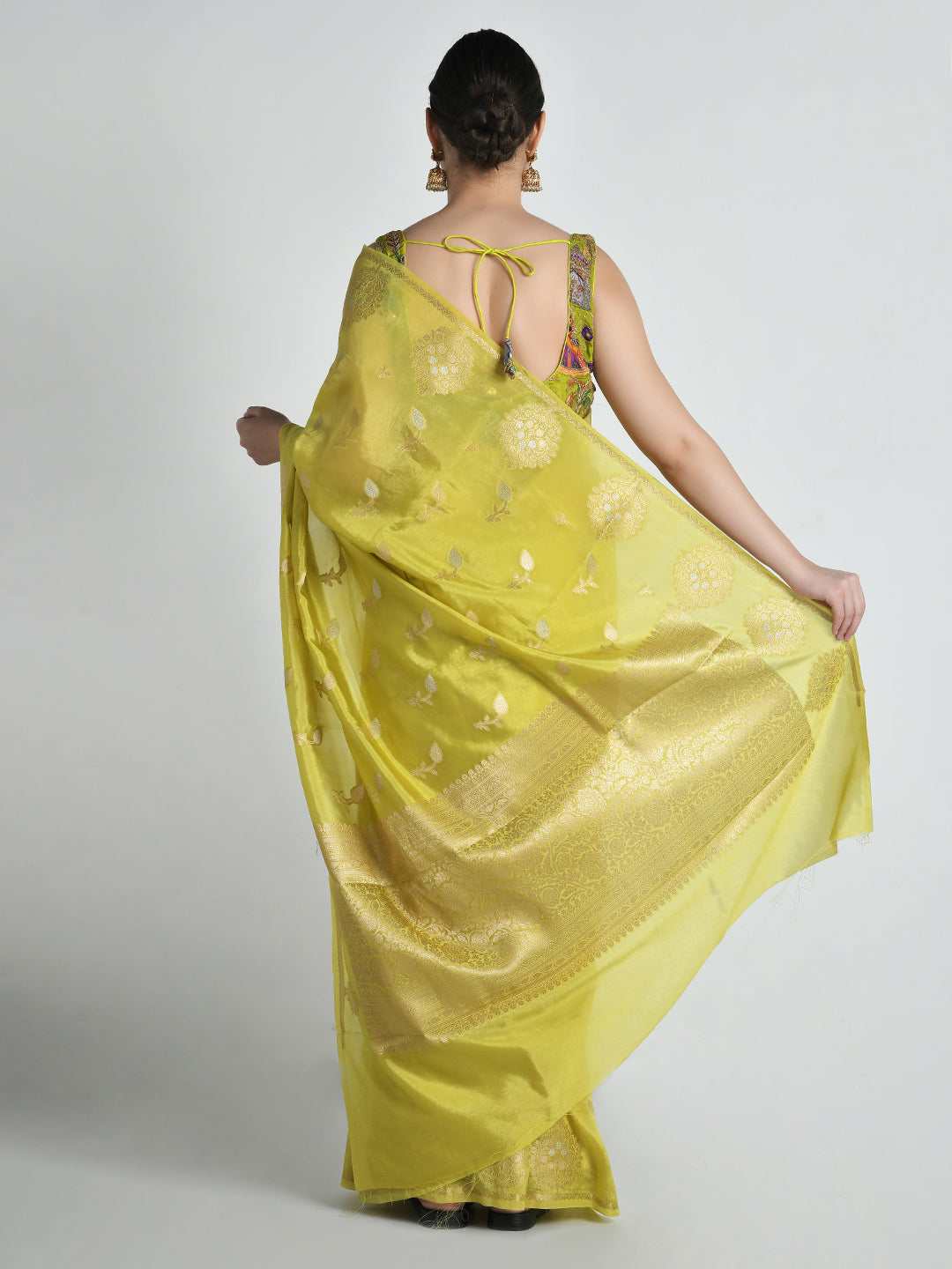 Shailsute Lime Green Banarasi Saree – studio shot 8