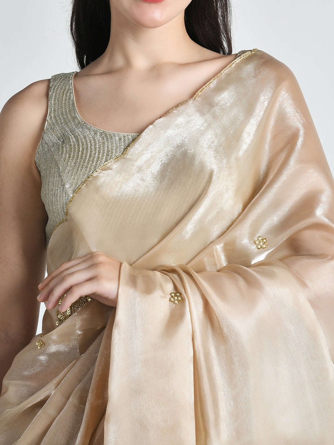 Sunehri Champagne Gold Sequin Organza Saree – studio shot 1