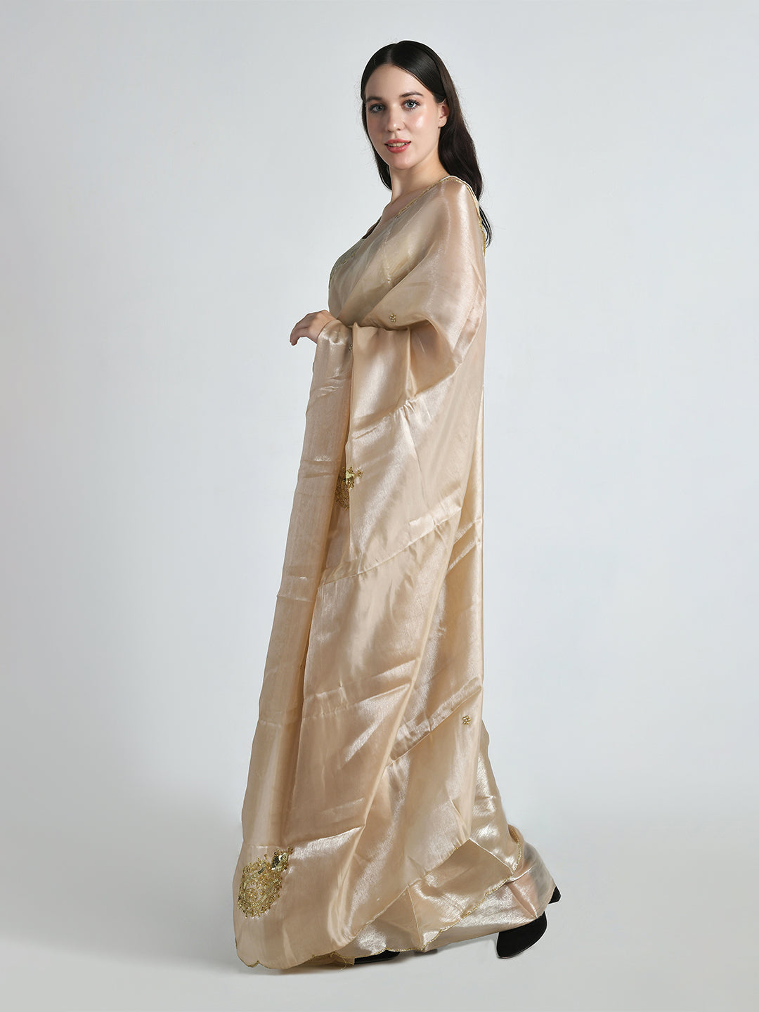 Sunehri Champagne Gold Sequin Organza Saree – studio shot 4
