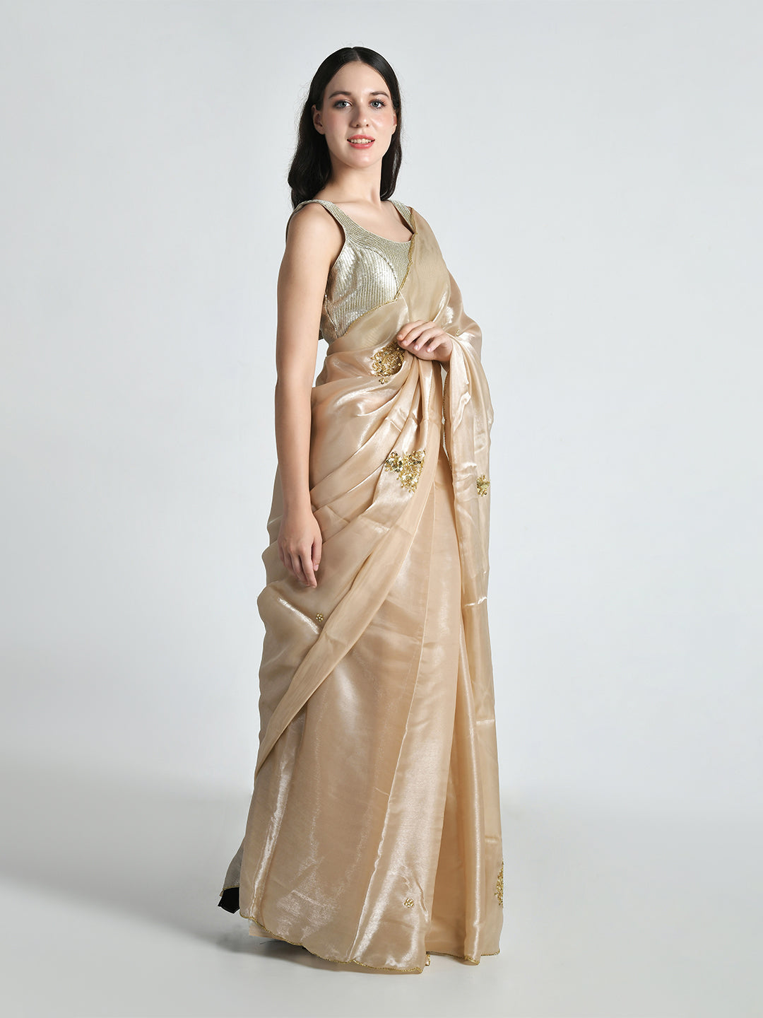 Sunehri Champagne Gold Sequin Organza Saree – studio shot 7