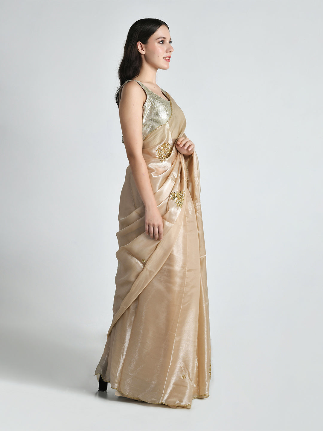 Sunehri Champagne Gold Sequin Organza Saree – studio shot 8