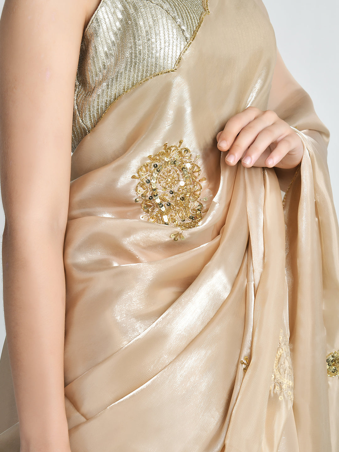 Sunehri Champagne Gold Sequin Organza Saree – studio shot 9
