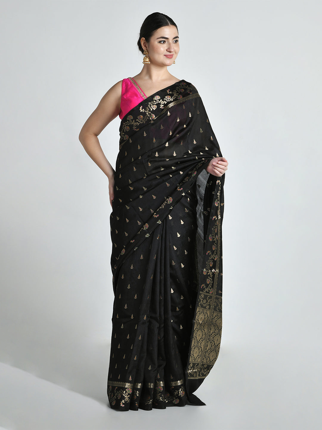 Swapna Black Banarasi Floral Saree – studio shot 3