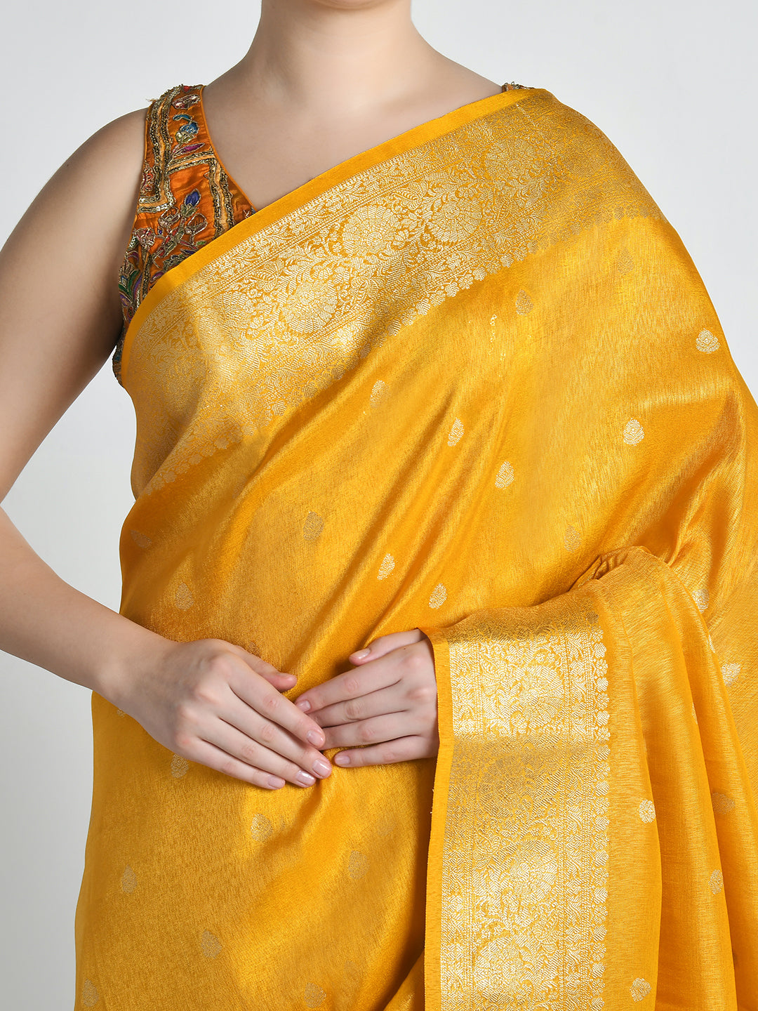 Swarna Mustard Yellow Katan Silk Banarasi Saree – studio shot 1