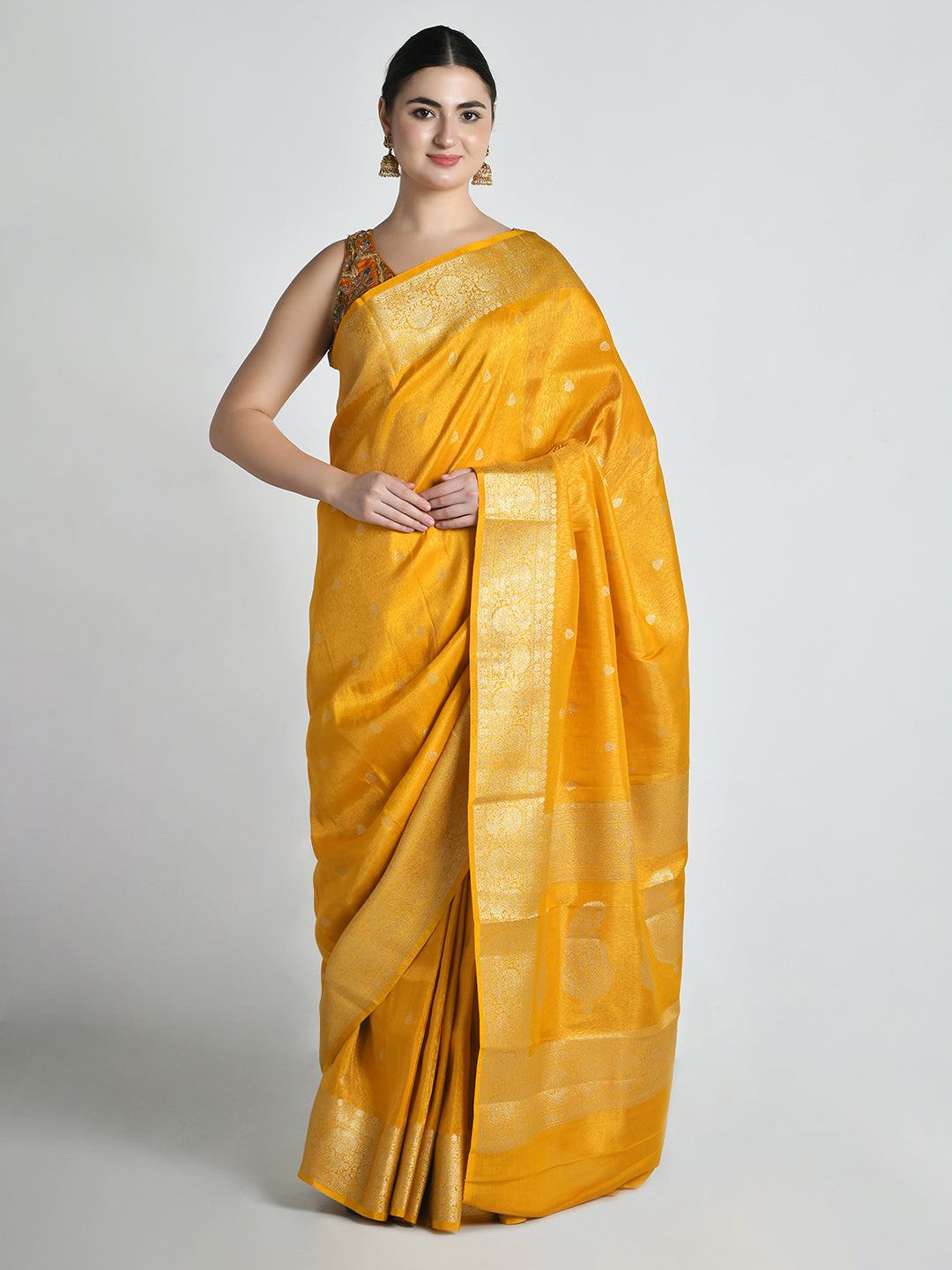 Swarna Mustard Yellow Katan Silk Banarasi Saree – studio shot 2