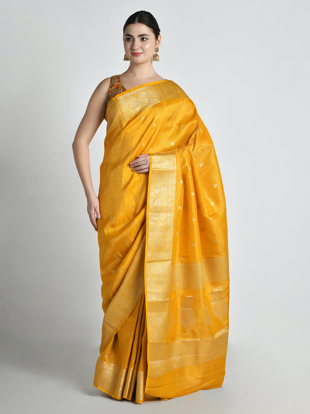 Swarna Mustard Yellow Katan Silk Banarasi Saree – studio shot 3