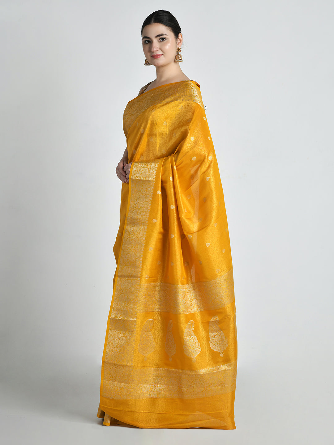 Swarna Mustard Yellow Katan Silk Banarasi Saree – studio shot 4