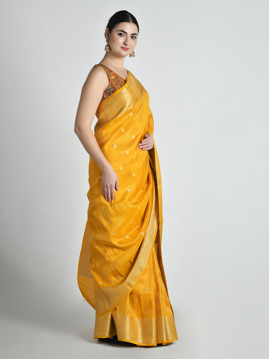 Swarna Mustard Yellow Katan Silk Banarasi Saree – studio shot 6
