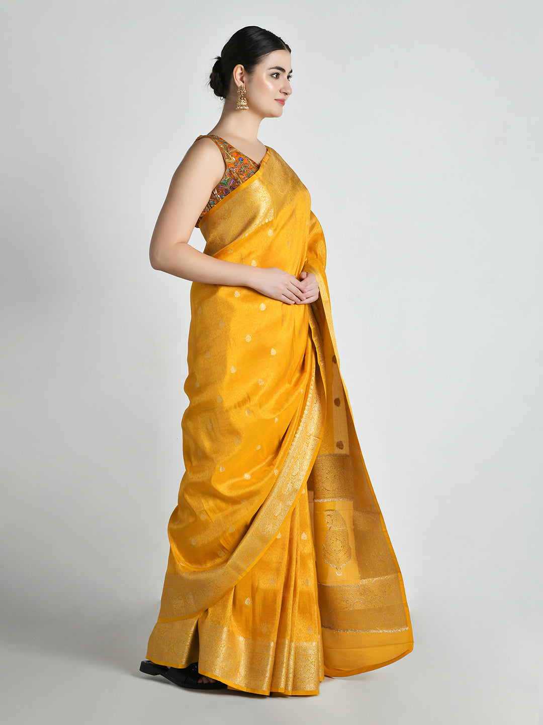 Swarna Mustard Yellow Katan Silk Banarasi Saree – studio shot 7