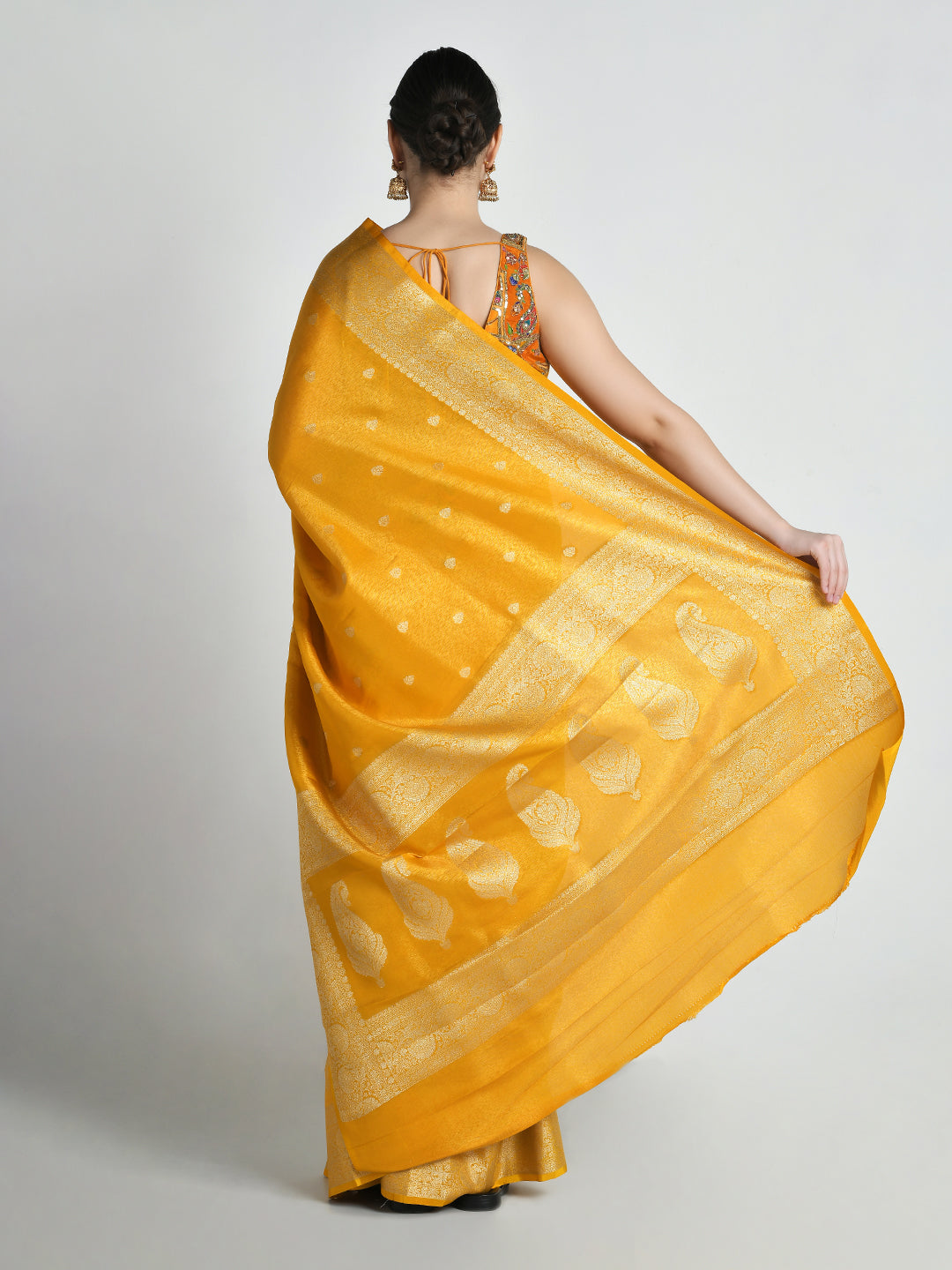 Swarna Mustard Yellow Katan Silk Banarasi Saree – studio shot 8