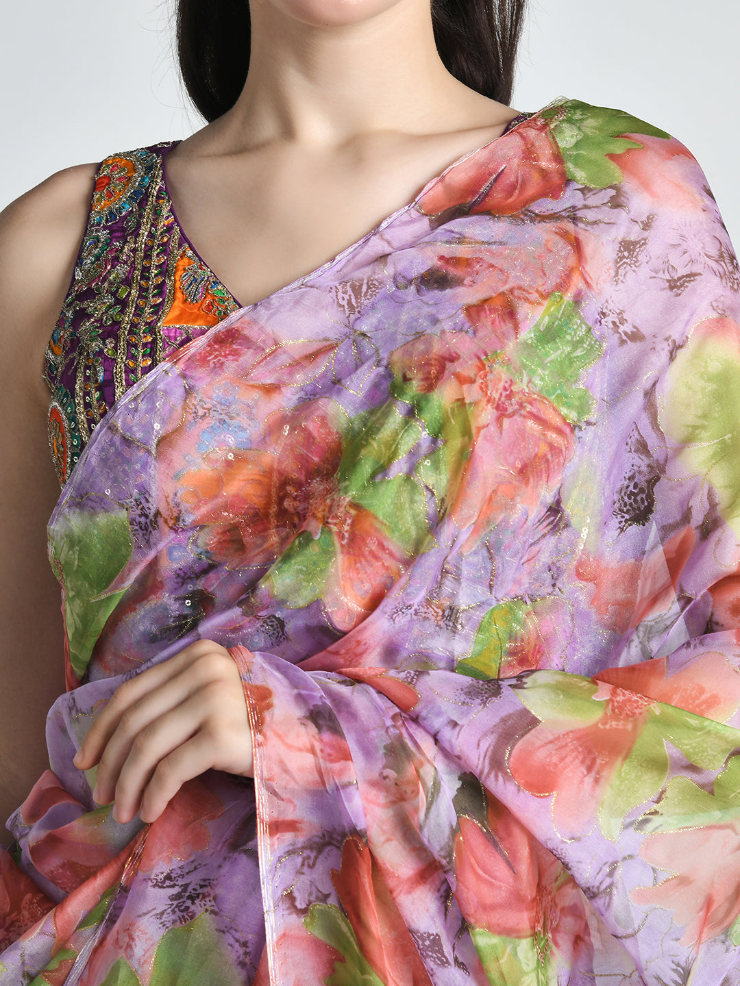 Urvashi Pink Lavender Chiffon Saree – studio shot 1
