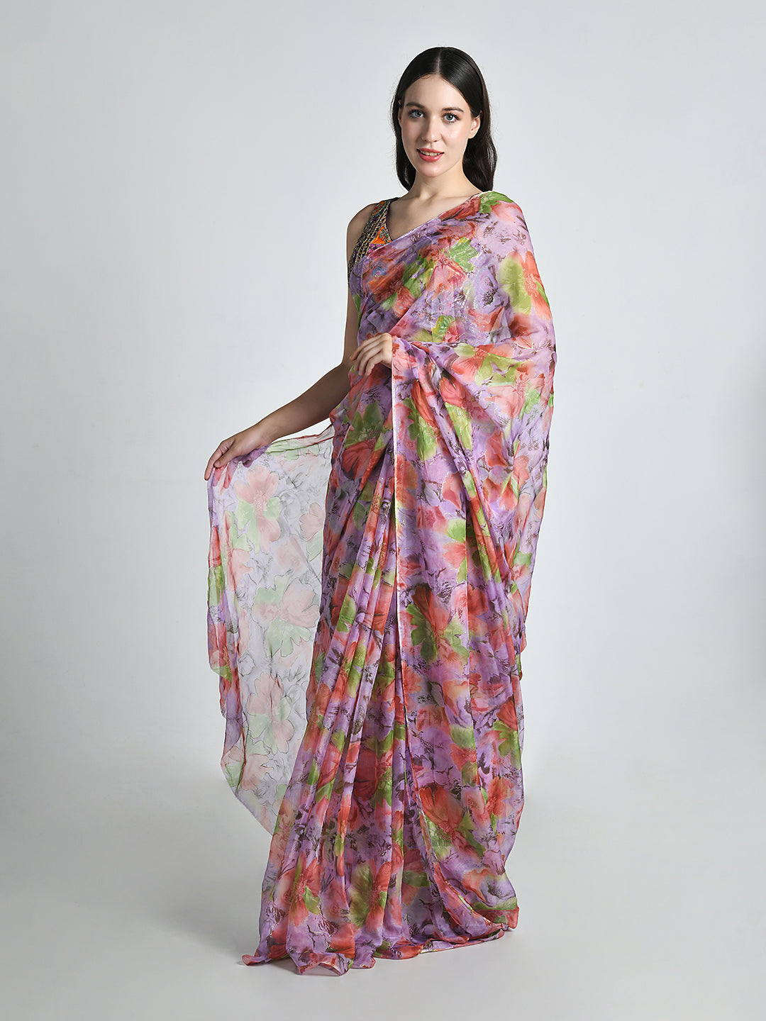 Urvashi Pink Lavender Chiffon Saree – studio shot 3