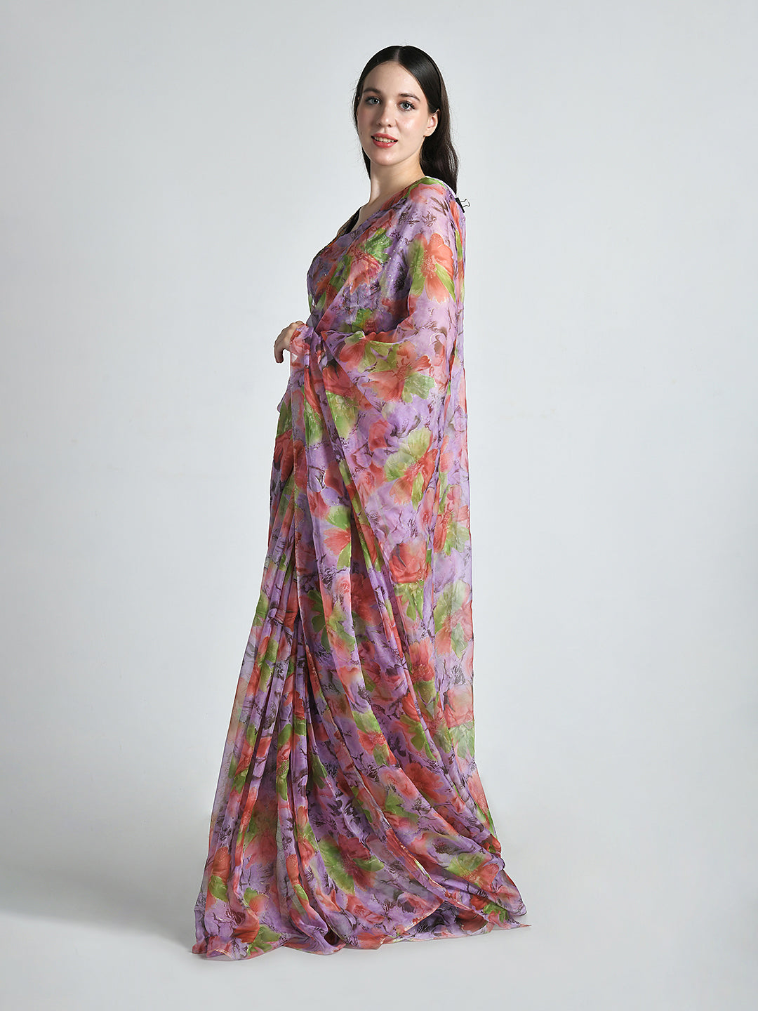 Urvashi Pink Lavender Chiffon Saree – studio shot 4
