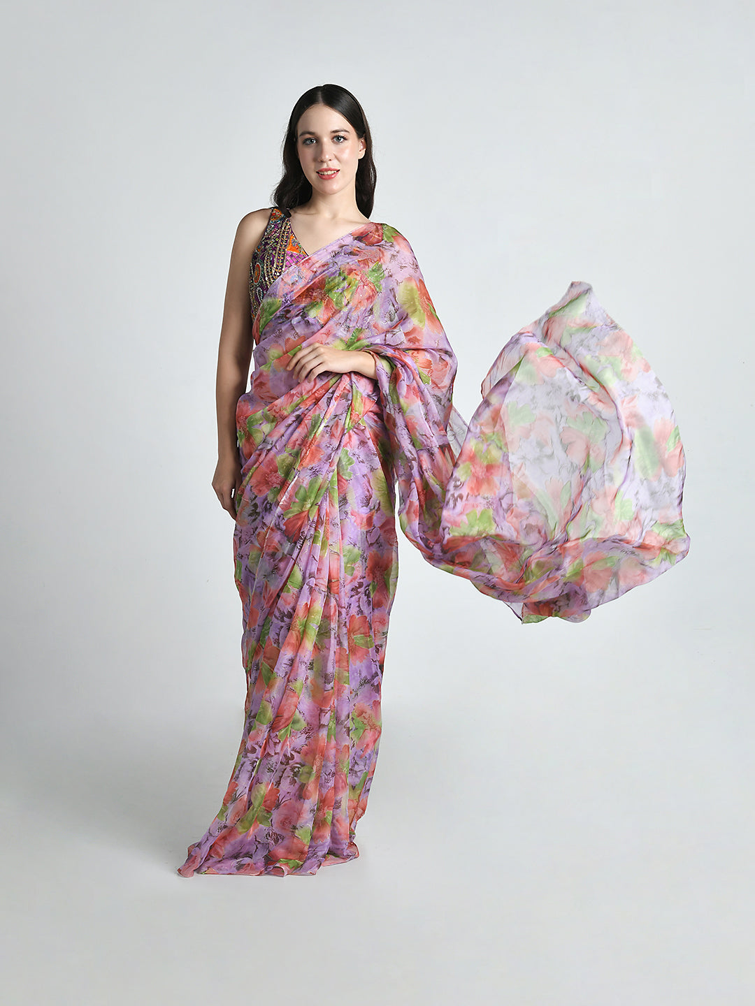 Urvashi Pink Lavender Chiffon Saree – studio shot 10