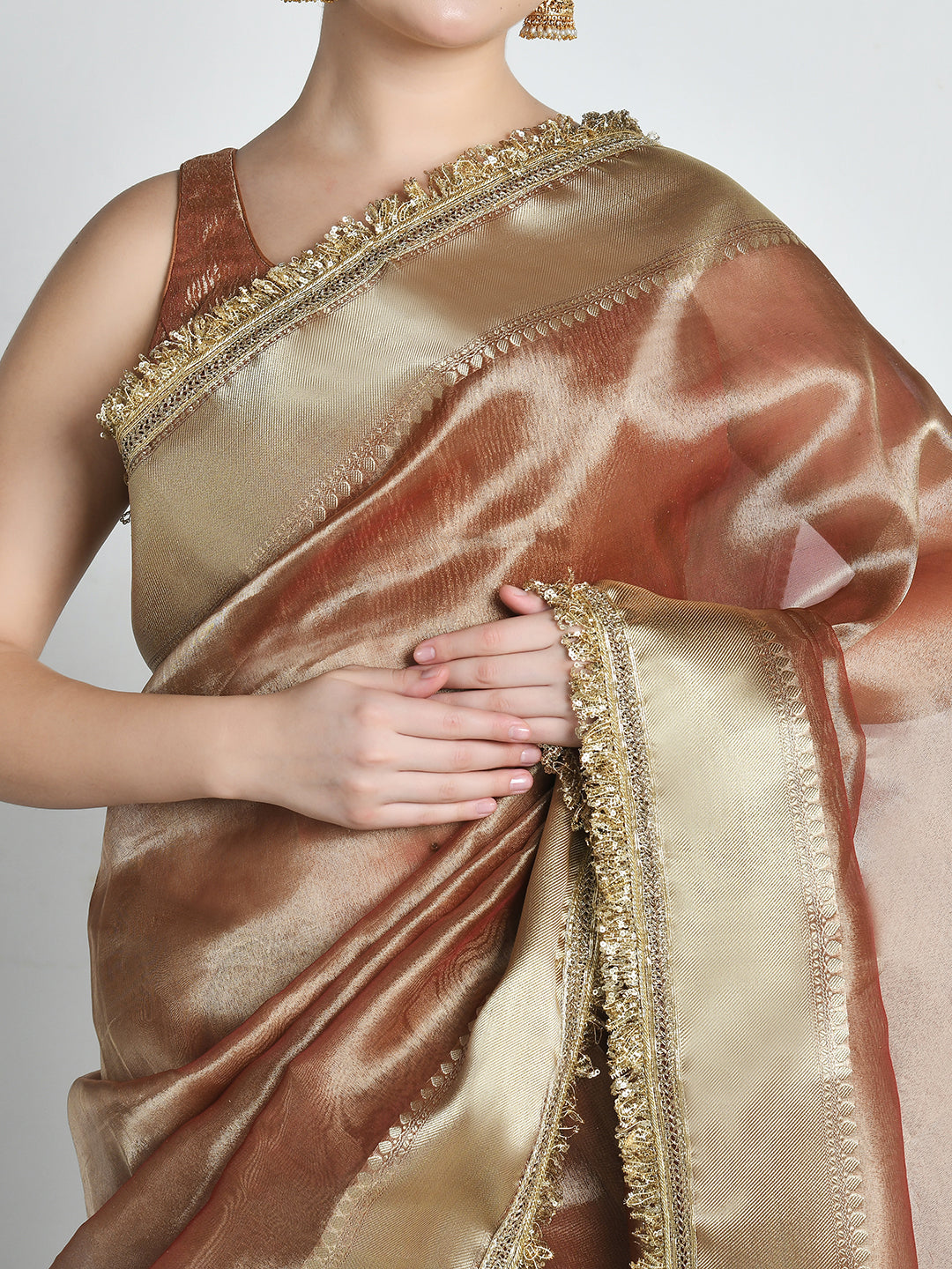 Vishkanya Coffee Brown Tissue Silk Saree – studio shot 1