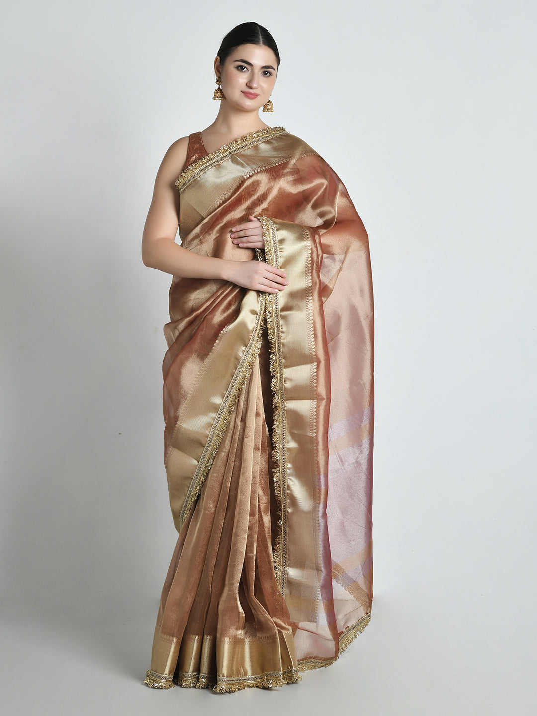 Vishkanya Coffee Brown Tissue Silk Saree – studio shot 2