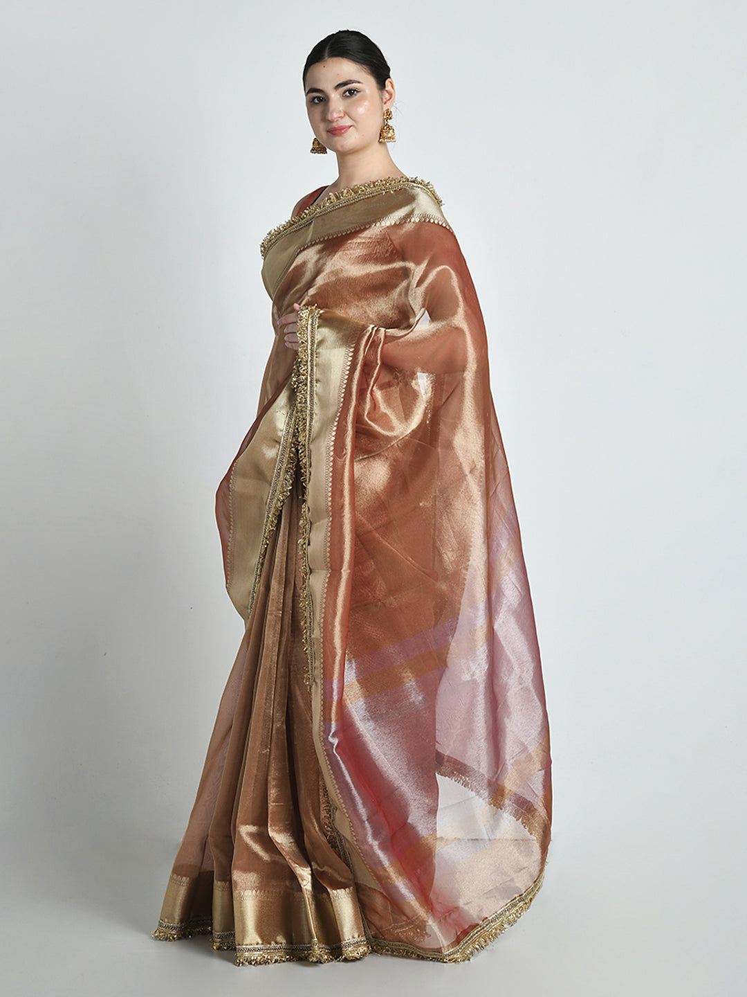 Vishkanya Coffee Brown Tissue Silk Saree – studio shot 4
